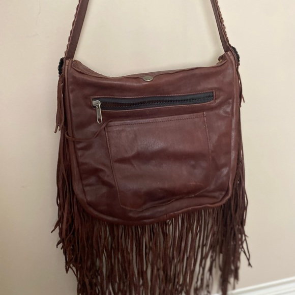 Brown leather America Tribe handbag with fringe - Picture 4 of 4